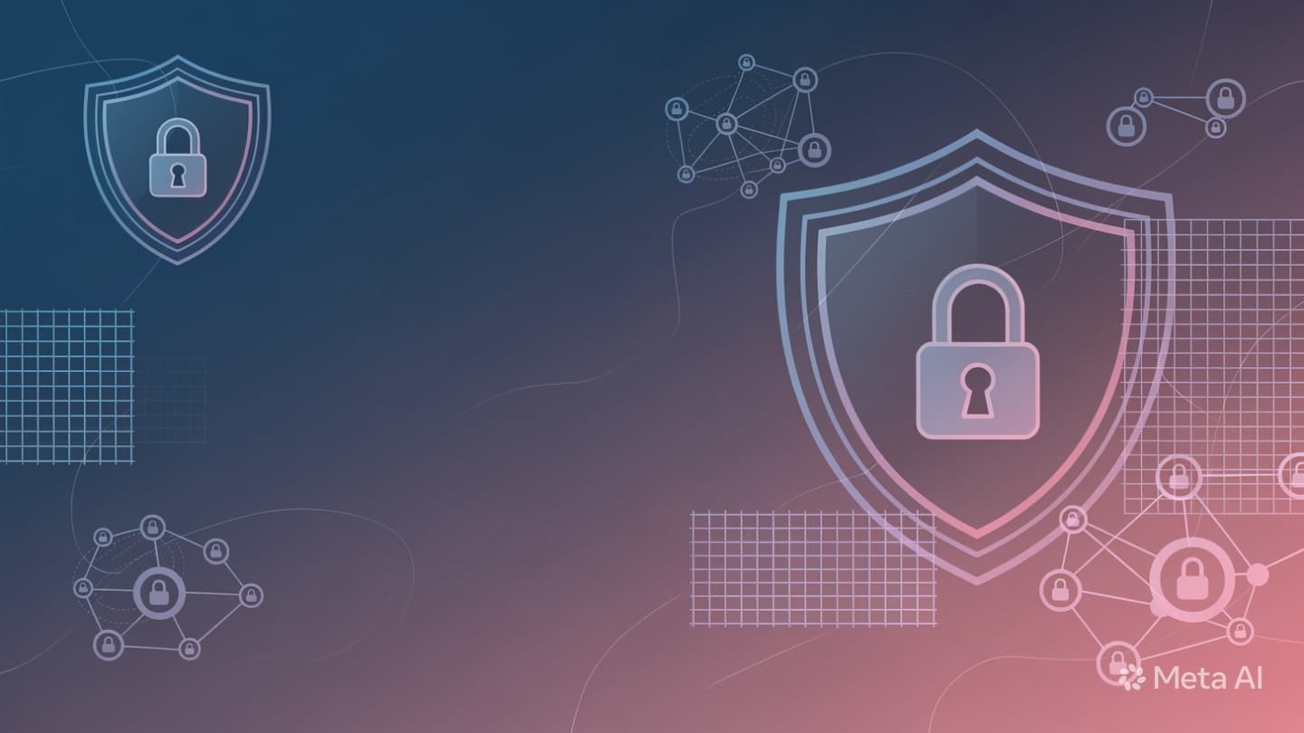 A futuristic network visualization with glowing nodes and secure connections.