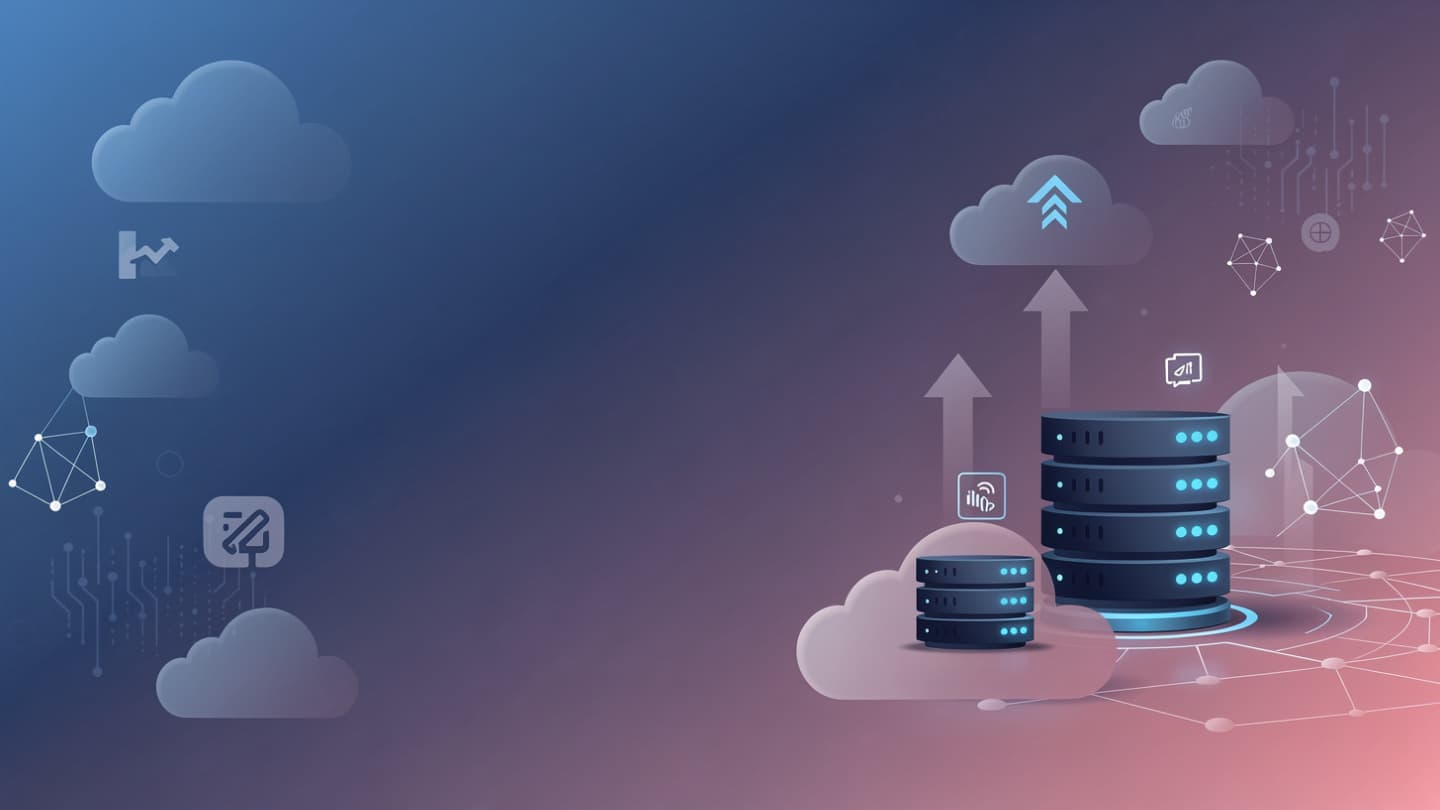 An abstract representation of cloud computing with data flowing into a central cloud icon.